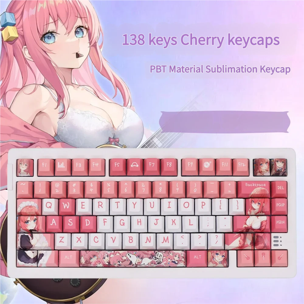 Vibrant Bocchi the Rock Keycaps Set featuring Hitori Gotoh. This durable PBT dye-sub set brings iconic anime art to your keyboard with crisp detail.