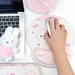 Close-up of the Sugarbunnies: Shirousa Kurousa Wrist Pad & Wrist Rest, showing its soft pastel design and adorable rabbit with dessert details, perfect for typist.