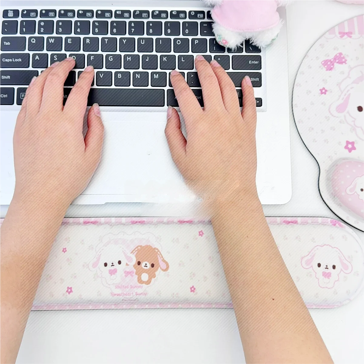 A delightful side view of the Sugarbunnies: Shirousa Kurousa Wrist Pad & Wrist Rest, showcasing pastel rabbit designs and sweet motifs for comfortable desk support.