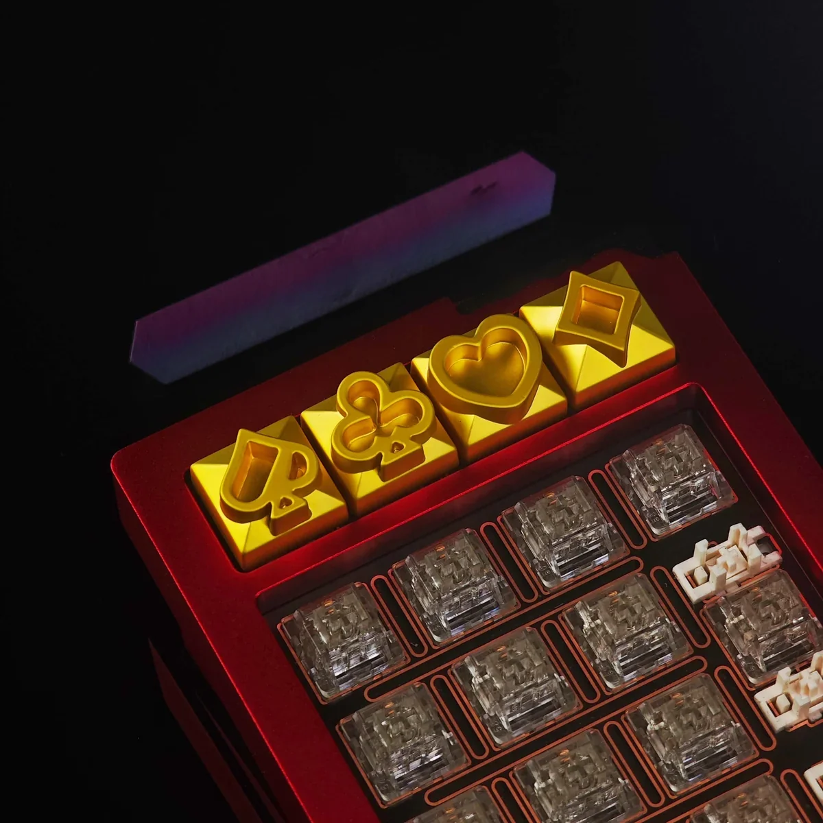 Sleek metallic Poker suits Keycap, showcasing its durable build and intricate poker suit engraving from a unique angle, perfect for enthusiasts.