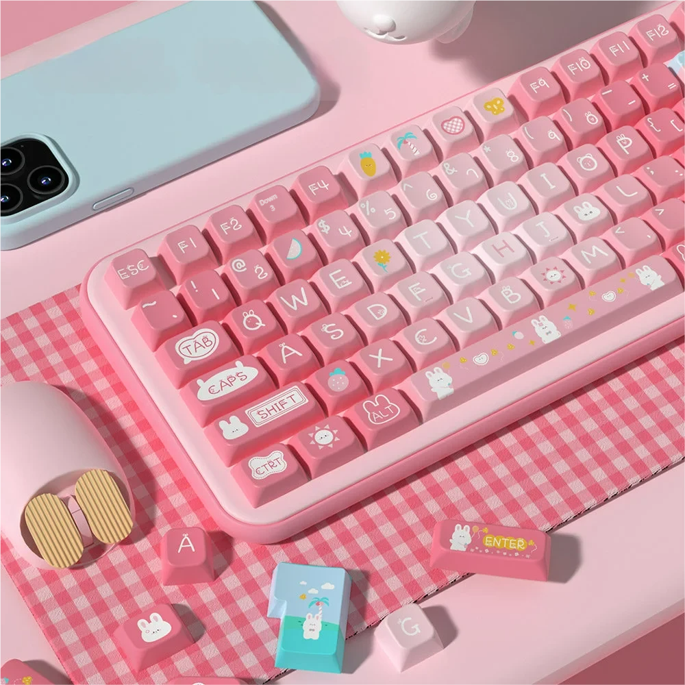 Angled view of the adorable Summer Rabbit PBT dye-sub translucent keycaps set, highlighting whimsical rabbits and vibrant summer colors. See their unique design.