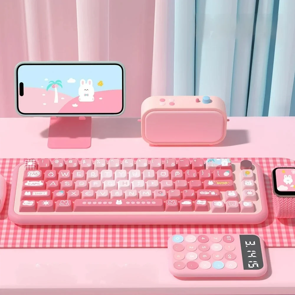 Main display of adorable Summer Rabbit PBT dye-sub translucent keycaps set. Whimsical rabbits and vibrant summer colors bring a playful, cute aesthetic.