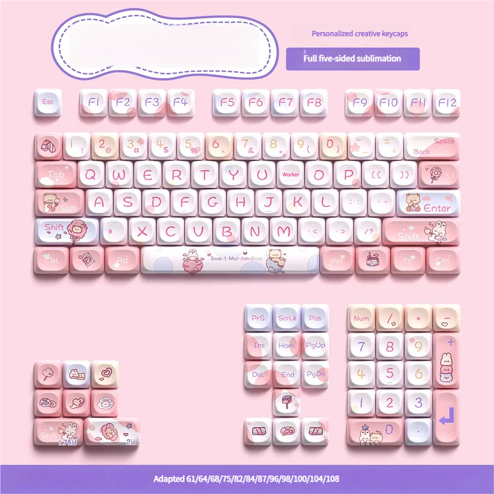 Sweet Marshmallow Keycaps Set from a fresh angle, showcasing the dreamy pastel PBT colors and unique MOA profile. A whimsical, comforting keyboard aesthetics.
