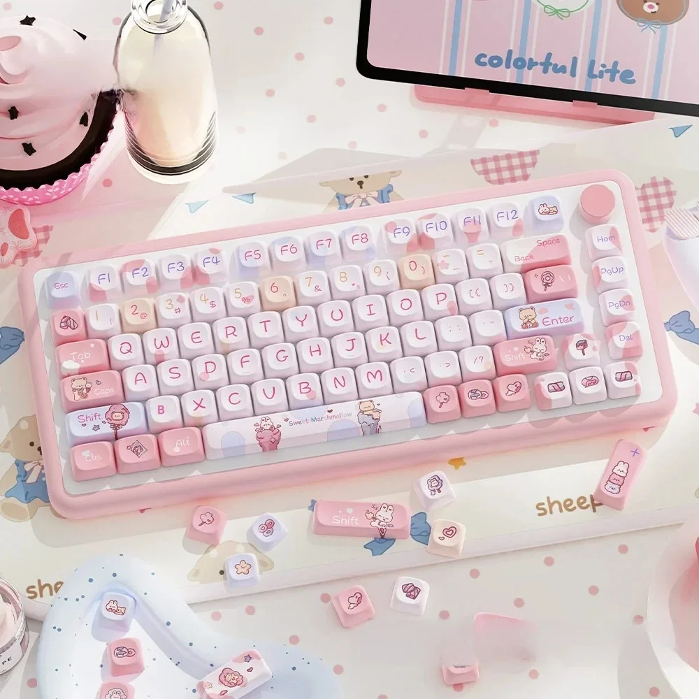 Sweet Marshmallow Keycaps Set: Dreamy pastel PBT MOA set, showcasing soft whimsical hues and a unique, comforting profile.