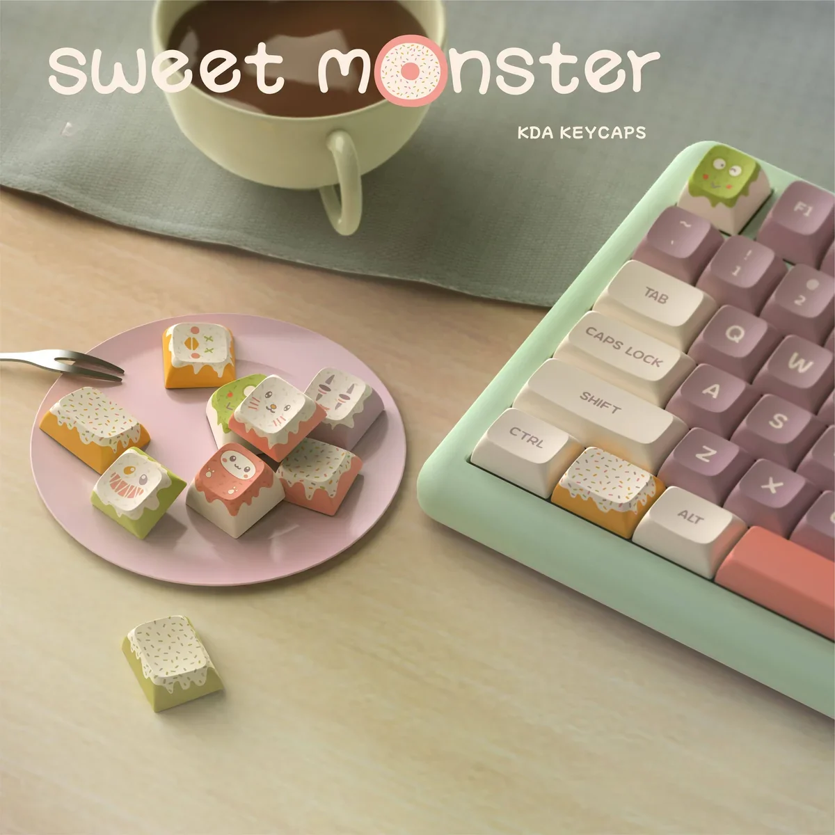 Product gallery: Whimsical Sweet Monster KDA PBT keycaps set. Vibrant cartoon characters from various playful angles, highlighting the unique KDA profile.