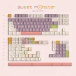 Whimsical Sweet Monster KDA PBT Keycap Set product gallery shows charming, cartoon-inspired characters and playful colors from multiple angles.