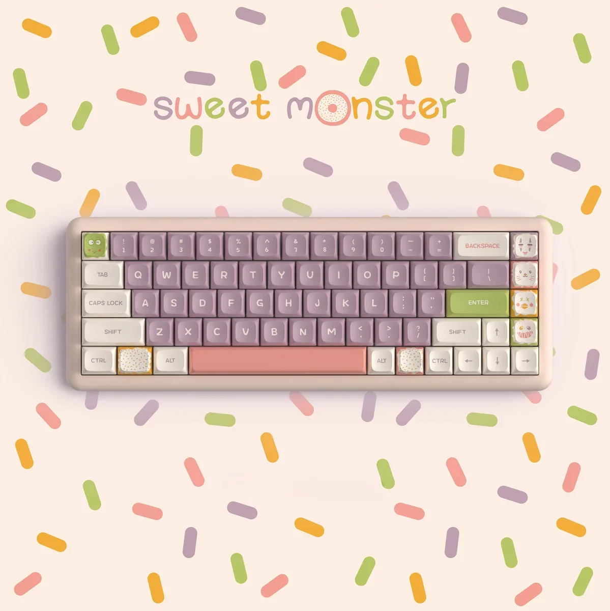 Whimsical Sweet Monster KDA PBT Keycap Set main image, showcasing playful cartoon characters and vibrant colors for a charming keyboard aesthetic.