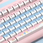 Detailed view of Cinnamoroll keycaps set, featuring the soft blue-pink pastel gradient and durable PBT construction for a playful keyboard setup.