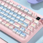 Sweet Party Cinnamoroll PBT keycaps set featuring a soft blue-pink pastel gradient, presented from various angles to highlight their sweet party aesthetic.