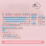 Sweet Party Cinnamoroll keycaps set, a pastel blue-pink gradient PBT set shown from various angles, conveying a sweet, playful party aesthetic.