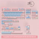 Playful Cinnamoroll Sweet Party PBT keycaps set, a 158-key set with a dreamy pastel blue-pink gradient, perfect for keyboard customization.