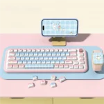 Sweet Party Cinnamoroll Keycaps in a sweet pastel blue-pink gradient PBT set, showcasing the full keyboard aesthetic for a playful, custom look.