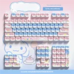 Enchanting Sweetheart Party PBT keycaps set display, featuring durable PBT material, pastel dessert motifs, and adorable characters for a whimsical keyboard.