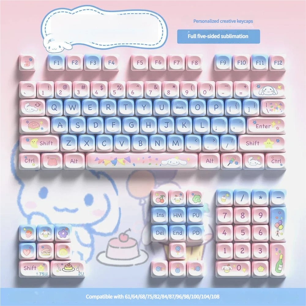 Enchanting Sweetheart Party PBT keycaps set display, featuring durable PBT material, pastel dessert motifs, and adorable characters for a whimsical keyboard.