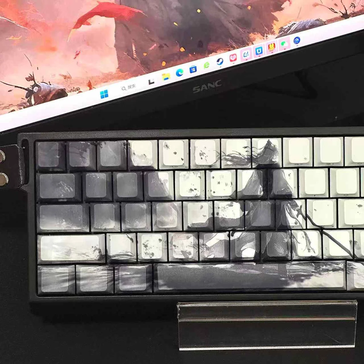 Mythical Sword Immortal PBT Dye-Sub Keycaps Set, showcasing Wuxia fantasy sword & cloud motifs from various angles, capturing the artistic Chinese aesthetic.