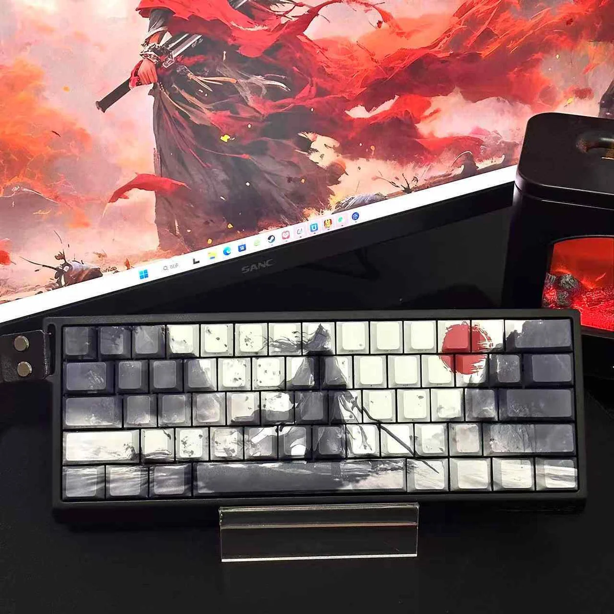 Mythical Sword Immortal PBT Dye-Sub Keycaps Set main display, showcasing intricate, ethereal sword and cloud artistry in an ancient Wuxia fantasy style.
