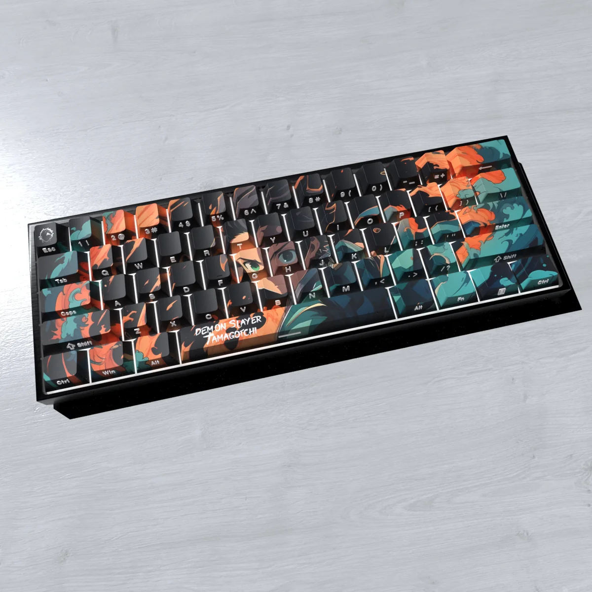 A collection of images showcasing the premium Tanjiro Demon Slayer side-engraved PBT backlit keycap set from various angles, highlighting its intricate design.