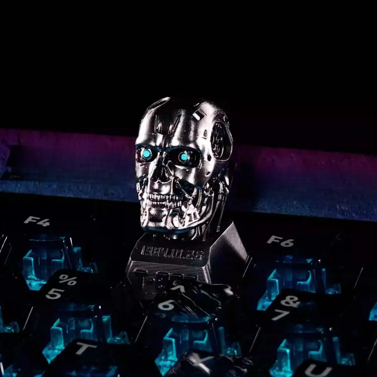 Iconic Terminator T800 artisan resin keycap, alternate view. Gritty cybernetic design, metallic finishes, and dystopian sci-fi details. Premium art.