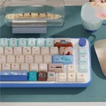 Detailed view of the Titanic PBT Cherry profile keycaps set, showcasing the iconic ship design and durable PBT material in deep blue, evoking a premium, nostalgic feel.