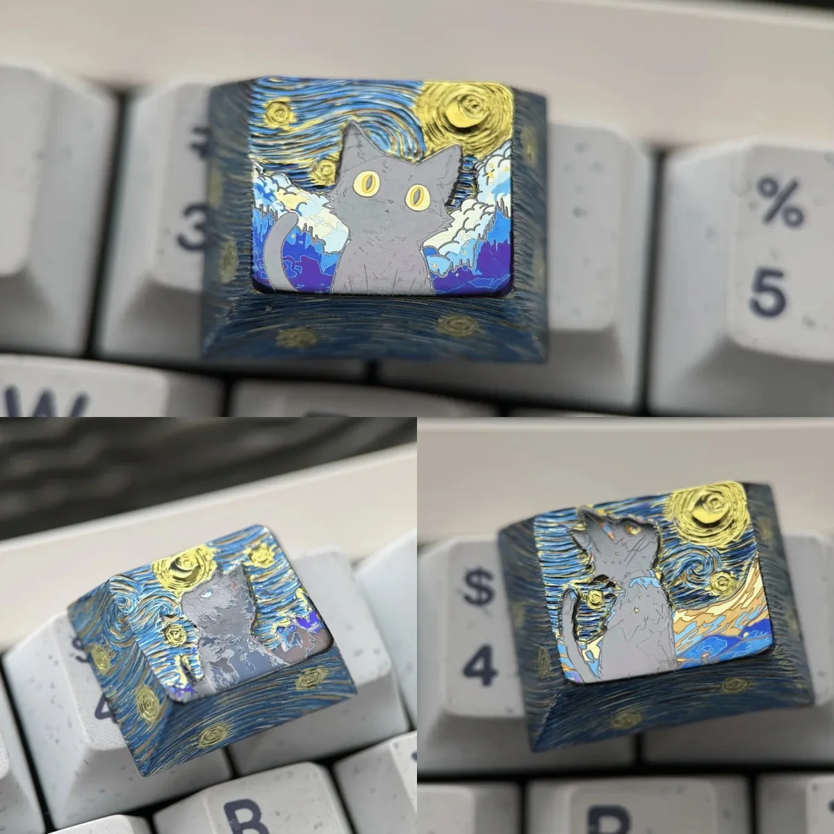 Handcrafted Mystical Cat Titanium Artisan Keycap for mechanical keyboards, featuring a shimmering celestial cat silhouette against a starry night sky.