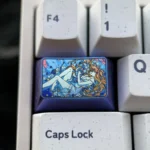 Premium Titanium Asuka Keycap, Evangelion 1.5U Tab. Unique angle highlights vibrant anime, reflective titanium, striking colors.
