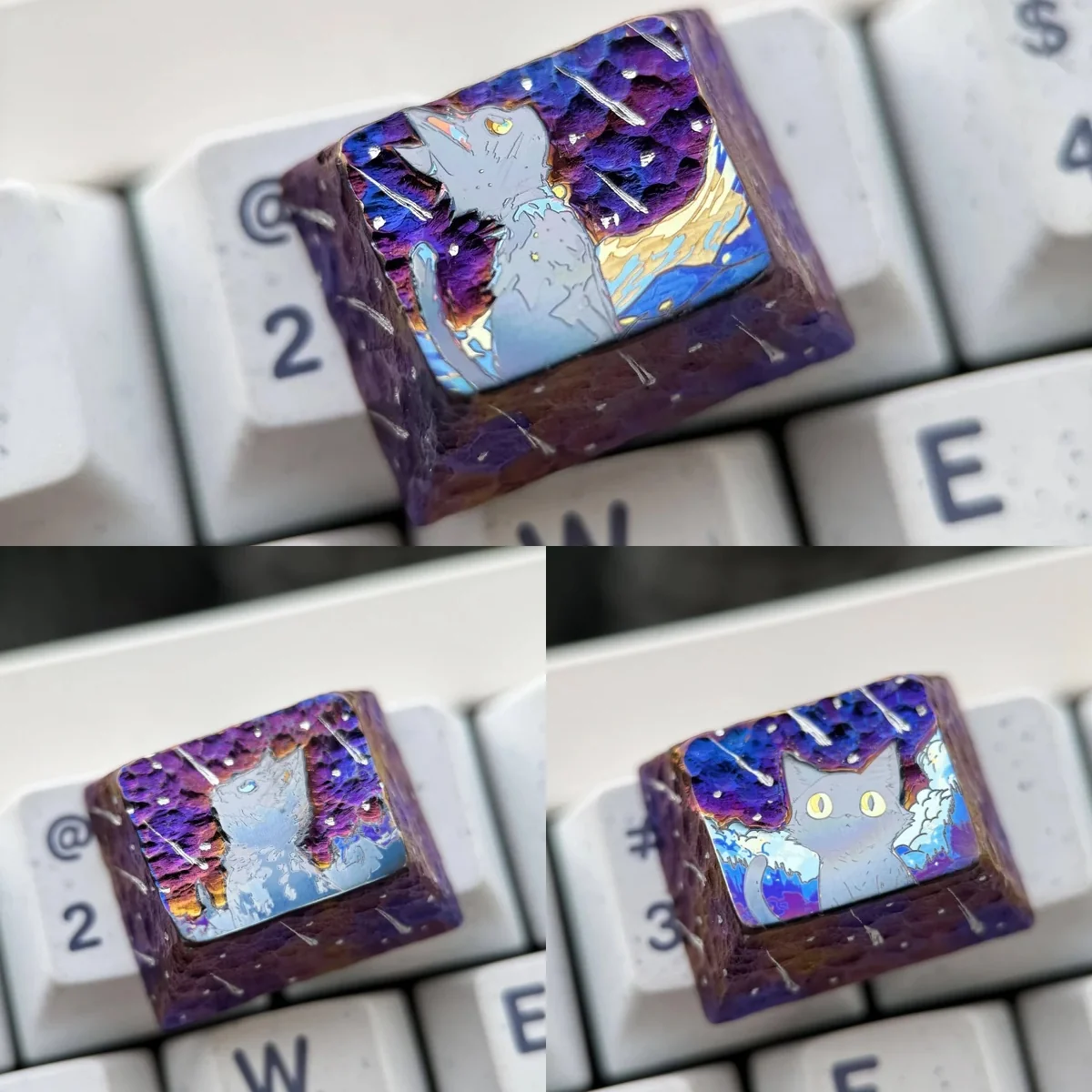 A stunning handcrafted Cosmic Purple Starry Sky Titanium Keycap, showcasing premium artisan quality and a shimmering deep purple cosmic design.