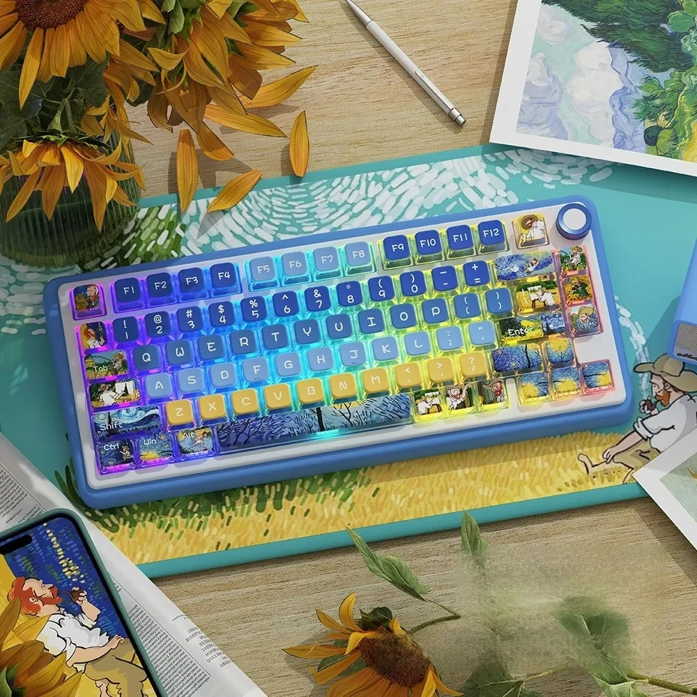 Close-up of artisan translucent PBT keycaps set showcasing vibrant four-sided RGB illumination with crystal-clear light diffusion.