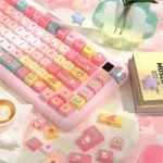 Charming Tulip Bear PBT Dye-Sub keycaps set showcasing playful pastel tulips and artistic bear designs from multiple angles, a nature-inspired keyboard.