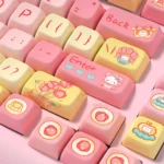 Charming Tulip Bear PBT Dye-Sub Keycaps Set, showcased from an artistic angle, revealing their playful, nature-inspired design with delicate bears and tulip design.