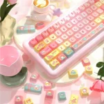 Charming Tulip Bear PBT Dye-Sub Keycaps Set from various angles, highlighting playful pastel bears and delicate tulips. An artistic, nature-inspired.