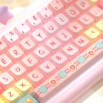 A vibrant close-up of Charming Tulip Bear PBT dye-sub keycaps set, showcasing the intricate playful bear and delicate pastel tulip designs from a unique setup.