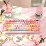 Charming Tulip Bear PBT Dye-Sub keycap set displayed, showcasing playful bears and delicate pastel tulips for an artistic, nature-inspired keyboard.