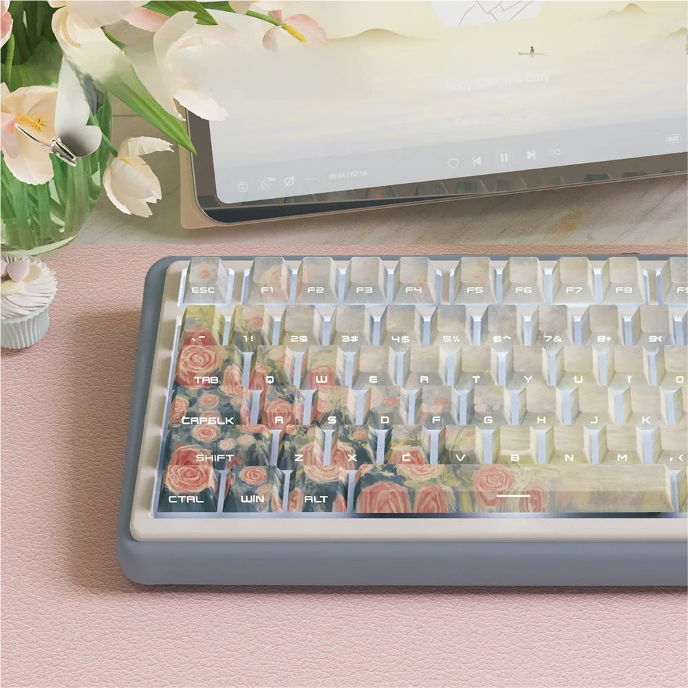 Gallery views of the Twilight Song Cherry Keycap Set, highlighting tranquil sunset hues, crisp side legends, and Cherry profile.