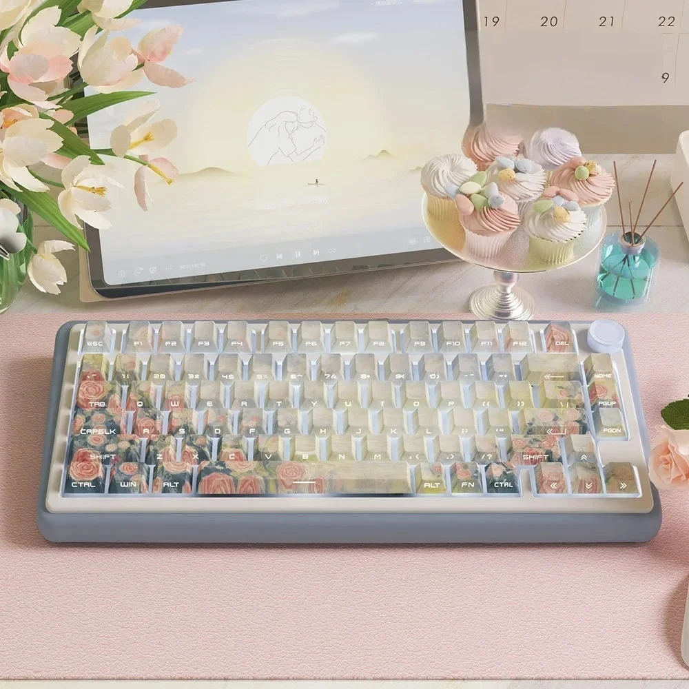 Twilight Song Cherry Keycap Set. Main image showing tranquil sunset hues and minimalist side-printed legends on Cherry profile keys.