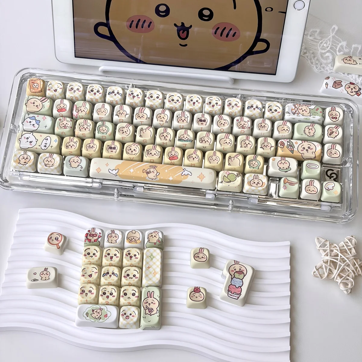 Vibrant gallery of Chiikawa: Usagi Series Keycap Set, showcasing iconic translucent designs from various angles, perfect for dynamic keyboard backlght.