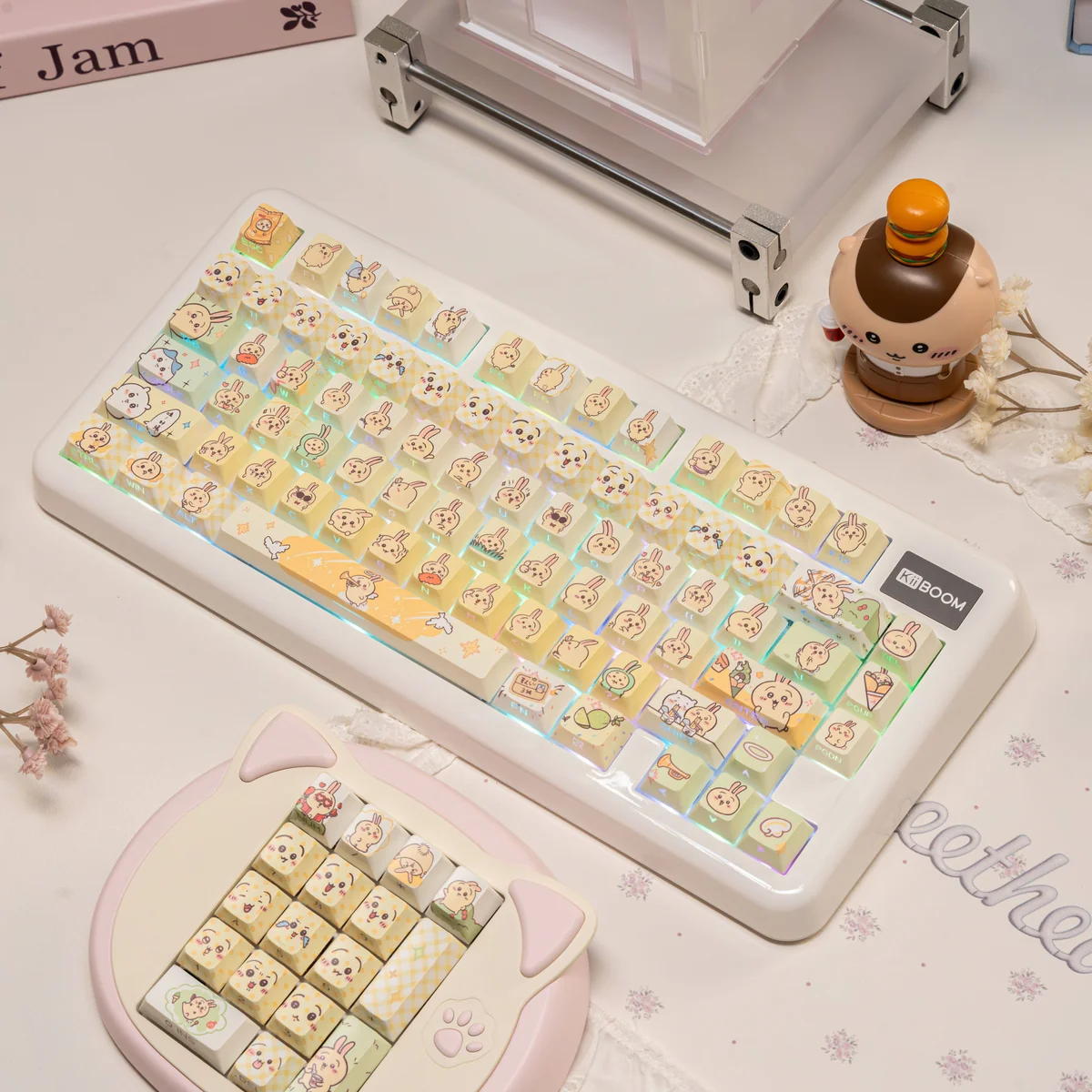Chiikawa: Usagi Series Keycap Set in an array of views, revealing vibrant translucent designs of iconic characters, perfect for dynamic keyboard.