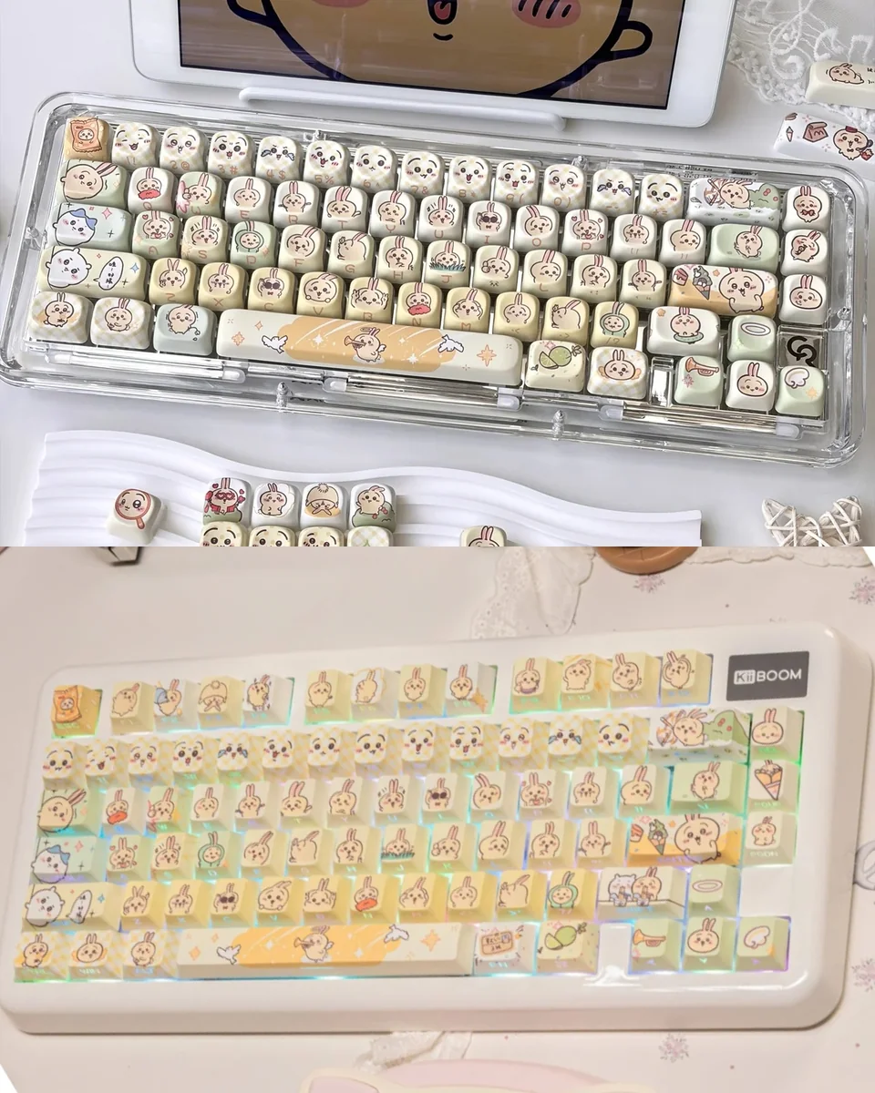 Chiikawa: Usagi Series Keycap Set featuring vibrant translucent designs glow on a keyboard, showcasing iconic themes for a playful setup.