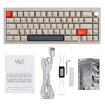 A sleek, premium CNC aluminum 67-key V65 mechanical keyboard showcasing its compact design and dual-mode connectivity from various angles.