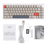 Multiple angles of the elite CNC aluminum 67-key V65 mechanical keyboard, showcasing its sleek, compact design and dual-mode connectivity.
