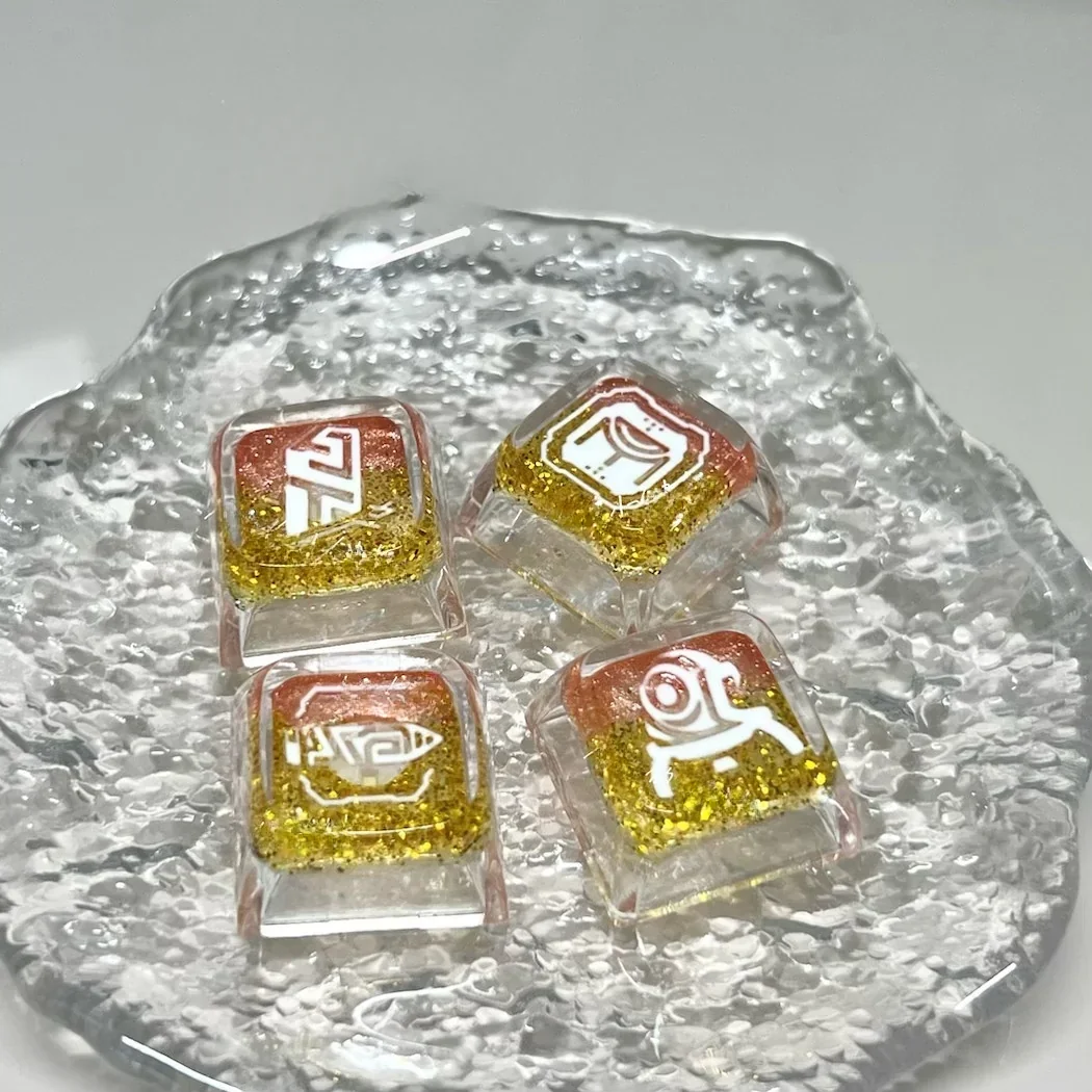 A close-up view of the premium Valorant Chamber ability keycaps, showcasing their sleek, transparent, and white tactical elegance from multiple angles.