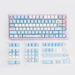 Premium Valorant Jett PBT keycaps set showcasing the dynamic blue and white design with crisp, side-illuminated legends, perfect for a sleek gaming setup.