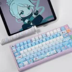 Premium Valorant Jett PBT keycaps set, displaying dynamic blue/white colors and crisp, side-illuminated legends. Perfect for a high-performance gaming setup.