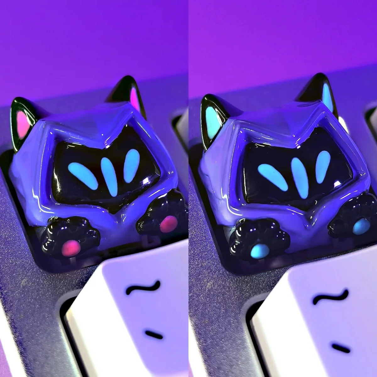 A playful Valorant Omen keycap, featuring whimsical cat ears and a cute paw design. This vibrant SA profile artisan keycap captures the shadowy Omen design.
