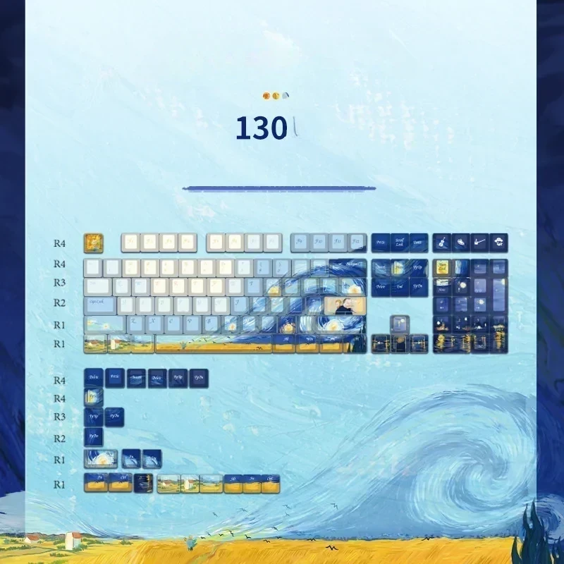 Artistic angle of Van Gogh PBT keycaps, displaying vivid Cafe Terrace at Night design, bringing iconic art and durable quality to your creative setup.