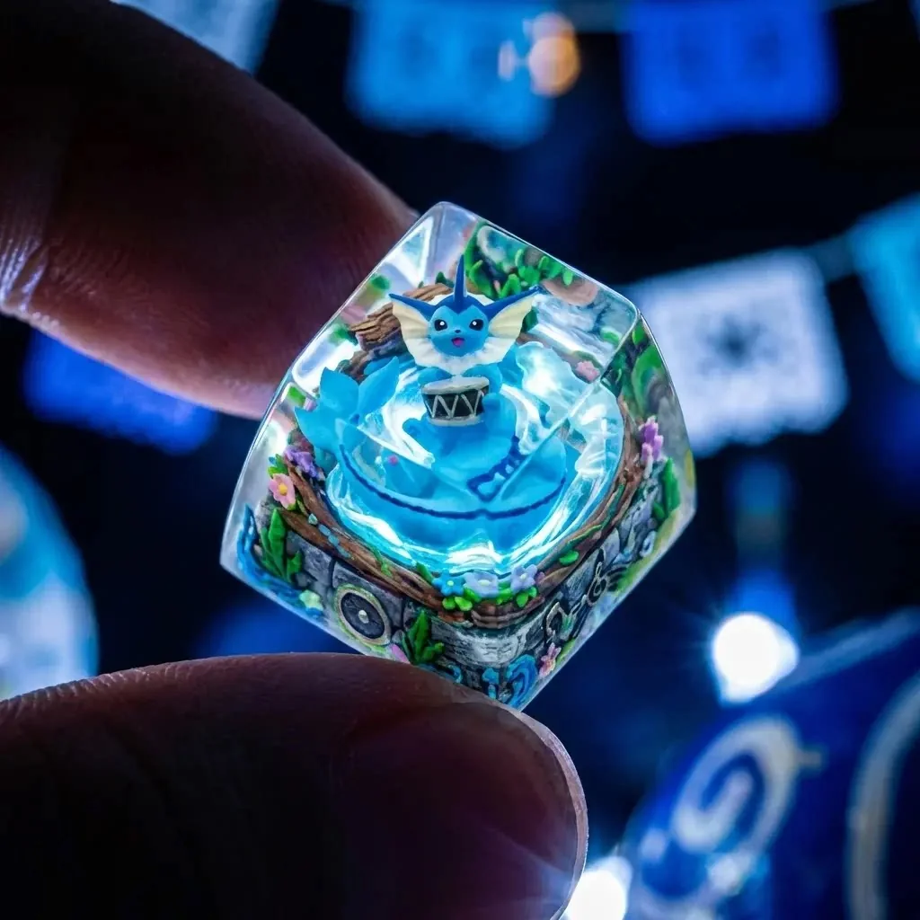 Close-up of a handcrafted translucent Vaporeon artisan keycap, glowing with serene aquatic resin artistry, perfectly capturing Vaporeon's spirit.