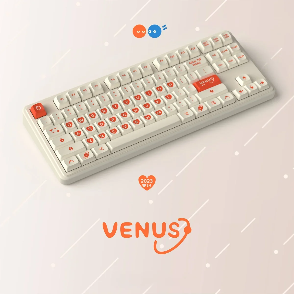 Mythological Venus Mars PBT keycaps set displayed from multiple angles, highlighting their vibrant celestial artistry and cosmic romance design.