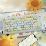 Vibrant Sunflower PBT Dye-sub MOA keycap set, showcasing cheerful yellow and green sunflower motifs, perfect for joyful typing. An artistic keycap set.