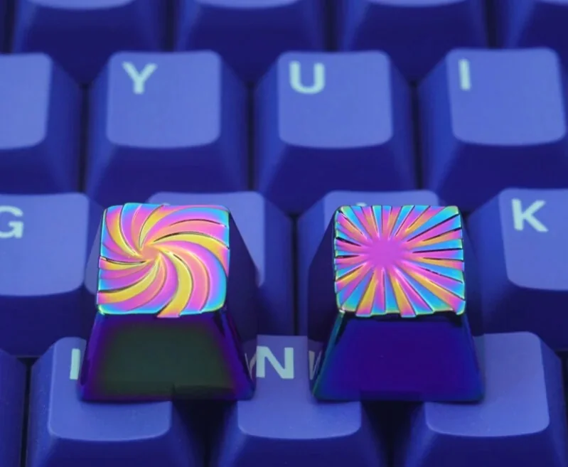 Vortex Series Keycaps. Premium artisan piece with dynamic swirling patterns and shimmering, color-shifting luster.