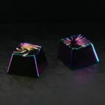 Vortex Series Keycaps views, highlighting premium zinc-aluminum alloy, dynamic swirling iridescent patterns, and shimmering, color-shifting luster.