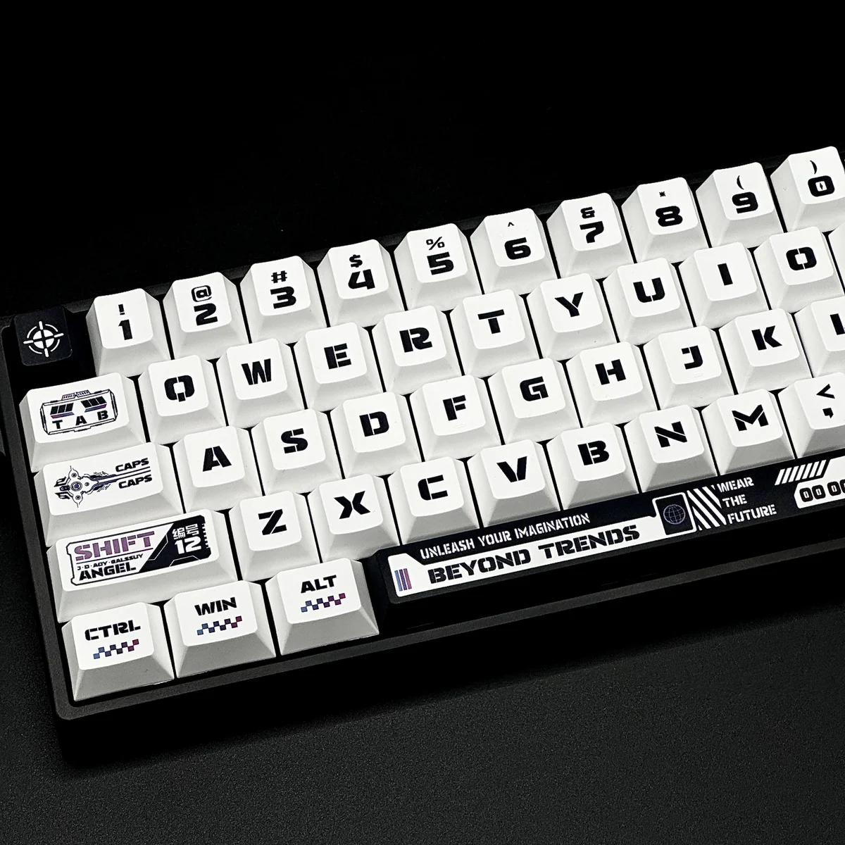 A collection of Warframe PBT keycaps set shown from various angles, highlighting the exclusive dark sci-fi art and intricate character designs.